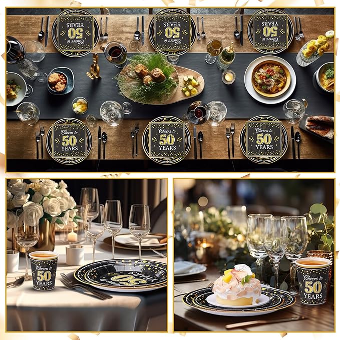 Pickmesh 250 Pcs 50th Birthday Party Supplies Decorations Serve 50 Black Gold Cheers to 50 Years Disposable Paper Plates Napkins and Cups for Women Men 50th Birthday Wedding Anniversary Party Supplies