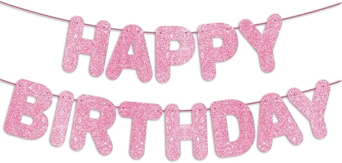 Pre-Strung Happy Birthday Pink Glitter Banner, Pink Birthday Party Decorations for Girl, Backdrop/Sign, Princess Party Decor for Her