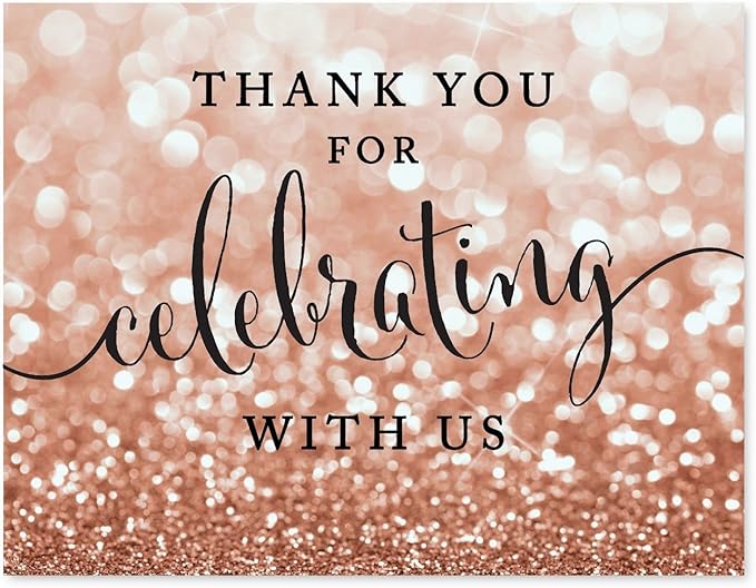 Andaz Press Wedding Party Signs, Glitzy Rose Gold Glitter, 8.5x11-inch, Thank You for Celebrating With Us, 1-Pack, Bokeh Colored Party Supplies