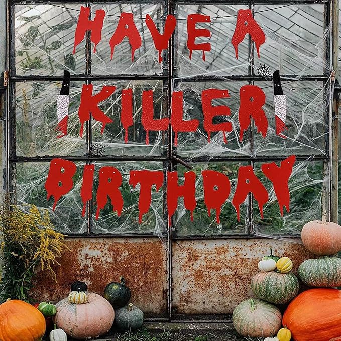Leesoot 16pcs 12inch Red + Blood Handprint Balloons + Have a Killer Birthday Party Banner for Halloween Bloody Party Spooky Party Terror Decoration Zombie Vampire Party