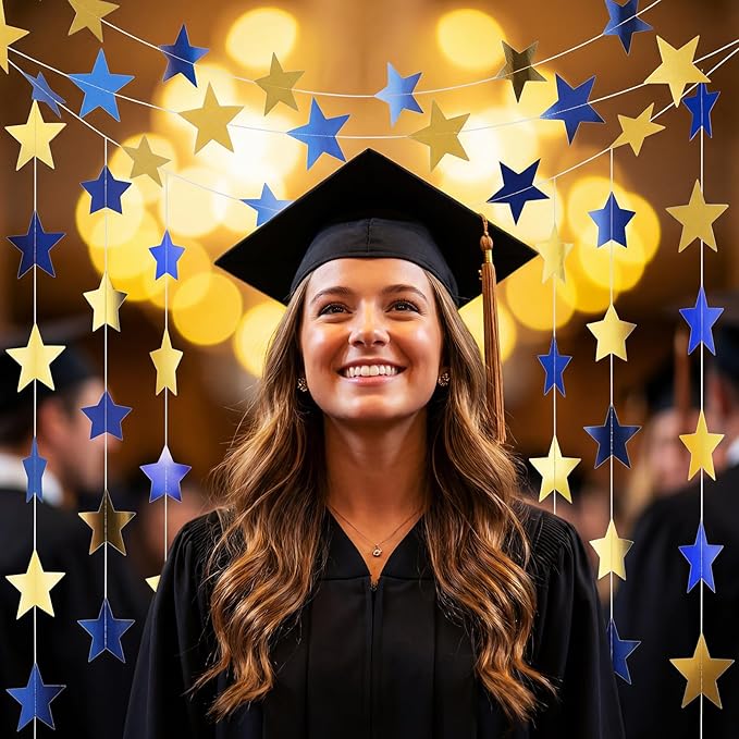 Spakon 65 Feet Glitter Star Shaped Paper Garland Banner Hanging Decoration Star Streamer Double Side 2026 Graduation Decorations for Wedding Birthday New Year Party Decoration (Gold and Blue)