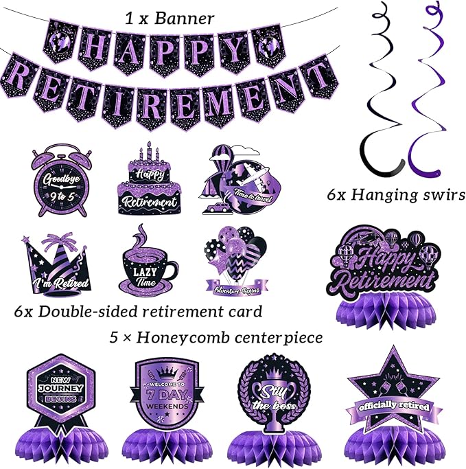 12Pcs Retirement Party Decorations for Men Women Purple Black Happy Retirement Banner Honeycomb Centerpiece Swirls Party Supplies Retired Farewell Party Set Work Graduation Party Decorations