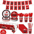 Graduation Party Supplies Congrats Grad Decorations Class of 2025, Disposable Plates and Napkins with Banner Tablecloth Cups Dinnerware Sets for Graduation Decor, Serves 24 (Red and White)