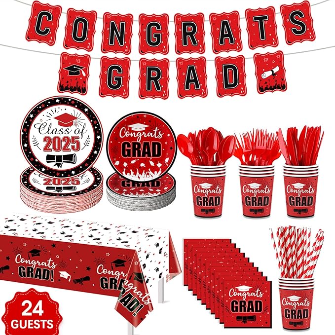 Graduation Party Supplies Congrats Grad Decorations Class of 2025, Disposable Plates and Napkins with Banner Tablecloth Cups Dinnerware Sets for Graduation Decor, Serves 24 (Red and White)