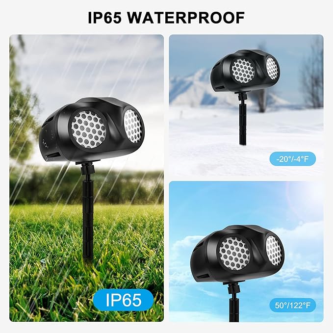 Christmas Projector Lights Outdoor, Dual Head Dynamic Snowflake Projector with RF Remote & Timer, IP65 Waterproof 360° Rotating LED Snow Projection for Garden, Patio, Wall, Indoor/Outdoor Decoration