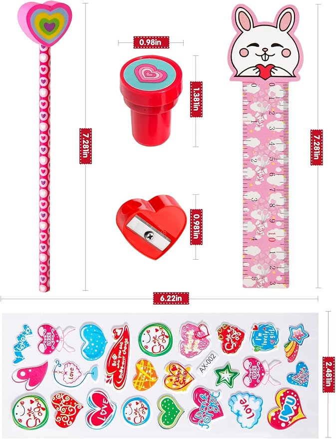 Valentine Gifts for Kids School, 28 Packs Stationery Set from Teachers to Students, Valentines Kids Gift Set Cards with Stickers, Pencils, Erasers, Valentine's Day Classroom Exchange Party Favor Toy