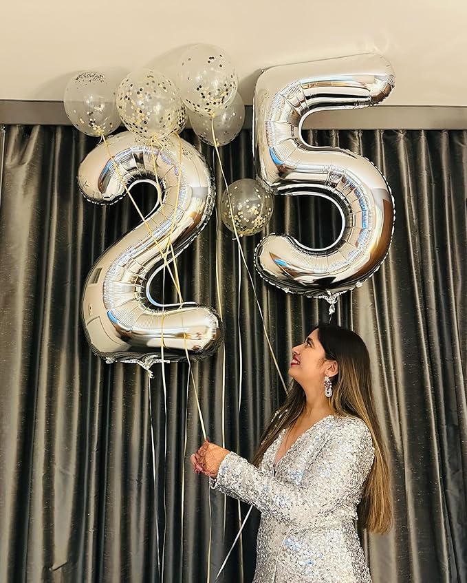 Silver Number 25 Balloon 40 inch, 25 Number Balloons, 25th Silver Birthday Decorations, 25 Year Old Women Men Silver Party Supplies