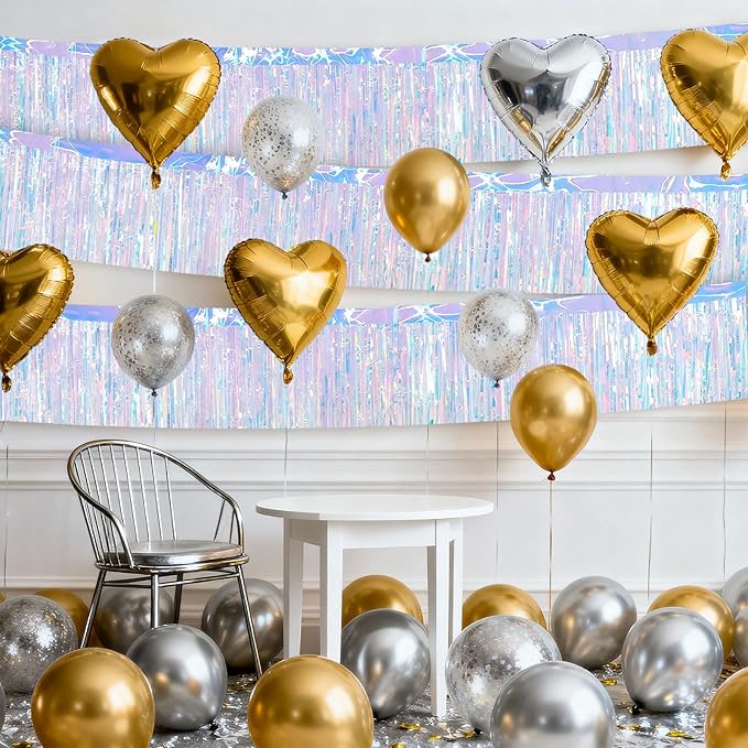 4 Packs Foil Fringe Garland Tinsel Streamers Shiny Wall Hanging Birthday Banner Backdrop for Graduation Wedding Anniversary Celebration Happy Birthday Party Decorations Iridescent
