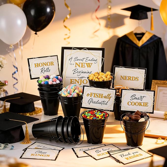 12 Set 2026 Graduation Candy Buffet Party Decoration Graduation Table Candy Bar Snack Labels Signs and 5'' Buckets with Handle for Class of 2026 Party Parties Supplies(Striped Style,Black)