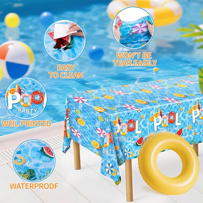 3pcs Pool Party Table Cloth Disposable, Waterproof Summer Tablecloth for Beach Swimming Pool Summer Birthday Party Dining Table Decor 54 X 108 Inch
