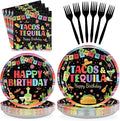 Grencian 96Pcs Taco and Tequila Birthday Party Supplies Mexican Fiesta Paper Plates and Napkins Mexican Colorful Stripe Disposable Tableware Set for Cinco De Mayo Birthday Party Decorations Serves 24