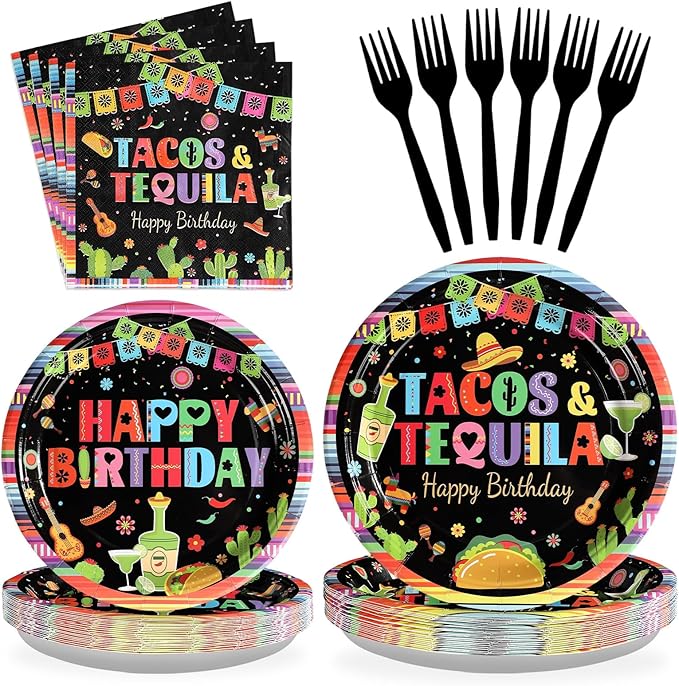 Grencian 96Pcs Taco and Tequila Birthday Party Supplies Mexican Fiesta Paper Plates and Napkins Mexican Colorful Stripe Disposable Tableware Set for Cinco De Mayo Birthday Party Decorations Serves 24
