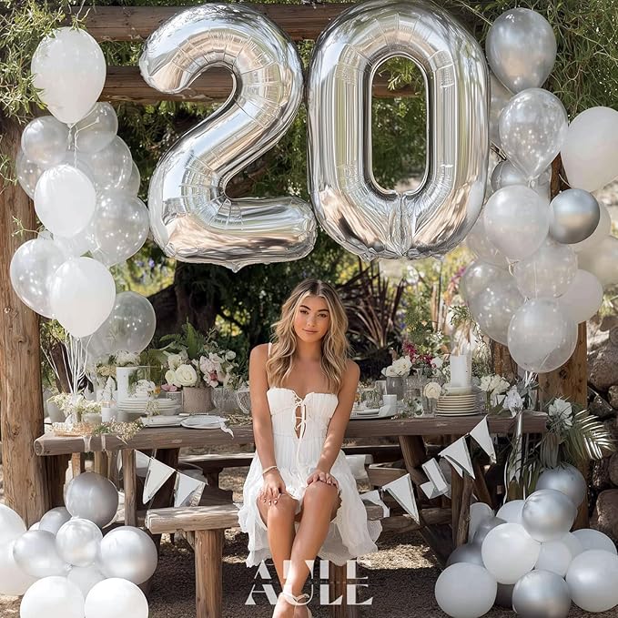 AULE 40 Inch Large 20 Balloon Numbers Silver, Big Foil Number Balloons, Giant Helium Happy 20th Birthday Party Decorations for Man and Women, Huge Mylar Anniversary Party Supplies
