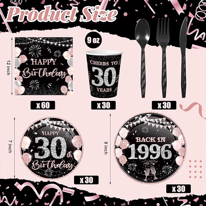 240 Pcs 30th Birthday Decorations 1996 Birthday Party Tableware Include Plates Napkins 9oz Cups Cutlery 30th Anniversary Party Supplies for Men Women Him Her, Serve 30 Guests (Black Pink)