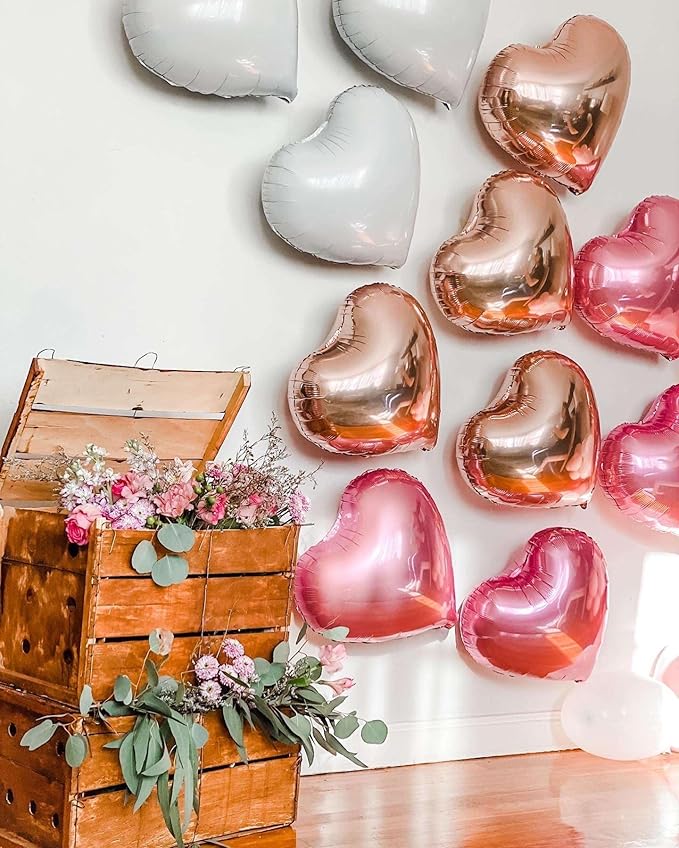 Lovoir 12 Pcs Pink Heart Shape Foil Mylar Balloons 18 Inch Love Balloons for Valentine's Day Birthday Party Decorations Wedding Engagement Romantic Decor (Pearl Pink & White & Rose Gold)