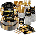 168Pcs Black and Gold Party Supplies Tableware Set Happy Anniversary Plates, Knife,Forks,Spoons, Cups and Napkins Table Decorations for Anniversary Wedding Birthday Party Decorations, 24 Guests