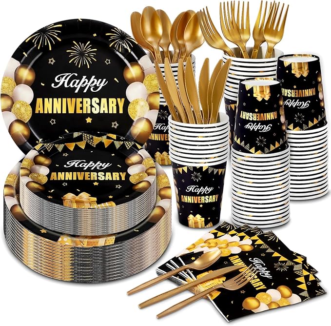 168Pcs Black and Gold Party Supplies Tableware Set Happy Anniversary Plates, Knife,Forks,Spoons, Cups and Napkins Table Decorations for Anniversary Wedding Birthday Party Decorations, 24 Guests