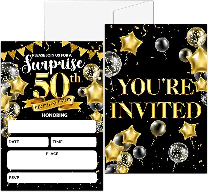 Surprise 50th Birthday Party Invitation, Black and Gold Fill-In Invites For Adult Woman & Man, 20 Invitations With Envelopes(4" x 6"), Party Favors Decorations And Supplies-03