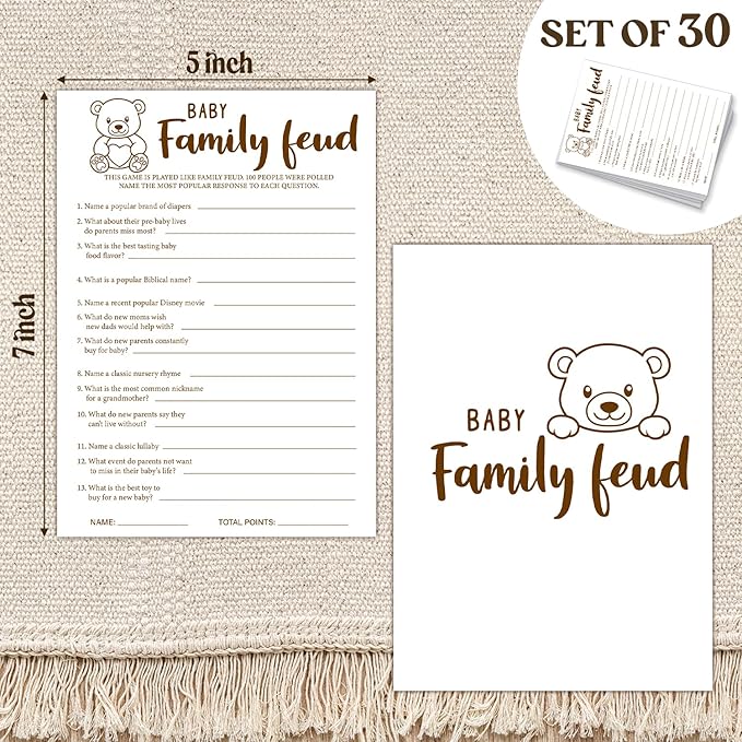 30 PCS Cute Bear Baby Shower Family Feud Game Baby Shower Game with 1 Answer Card for Boy Girl, Trivia Activity Gender Neutral Party Supplies & Decor-C05
