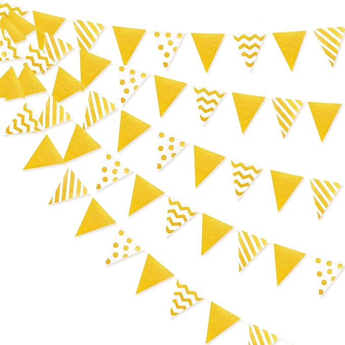 39Ft White and Gold Party Decorations Polka Dot Stripe Triangle Pennant Banner Glitter Foil Paper Flag Bunting Garland for Birthday Graduation Anniversary Wedding Bridal Baby Shower Hen Party Supplies