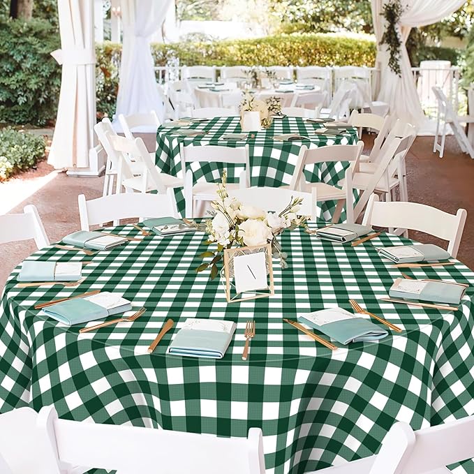 Mulbozy Dark Green Gingham Tablecloth 2 Pack, 54 x 108 Inch Plastic Table Cloth Disposable, Green and White Checkered Table Cover for Party Supplies