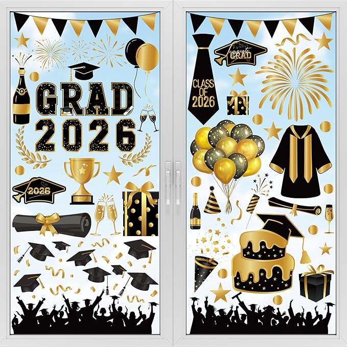 108 PCS Graduation Window Clings, 9 Sheets Black Gold Graduation Decorations, Double-Sided Congrats Grad Decorations for Windows with Caps Gowns Balloons, Grad Stickers for School Home Decor