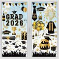 108 PCS Graduation Window Clings, 9 Sheets Black Gold Graduation Decorations, Double-Sided Congrats Grad Decorations for Windows with Caps Gowns Balloons, Grad Stickers for School Home Decor