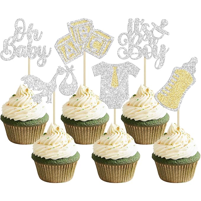 Gyufise 24Pcs Oh Baby Cupcake Toppers Glitter It's a Boy Cupcake Picks Tie Onesie Baby Bottle Baby Shower Cake Decorations for Gender Reveal Baby Shower Kids Boys Birthday Party Supplies Silver