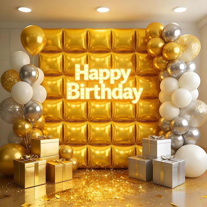 36Pcs Gold Square Foil Balloons Wall Backdrop, Double Sided Metallic Foil Balloons Tunnel Arch Garland Kit for Photo Booth Birthday Wedding Halloween Christmas Party Decorations