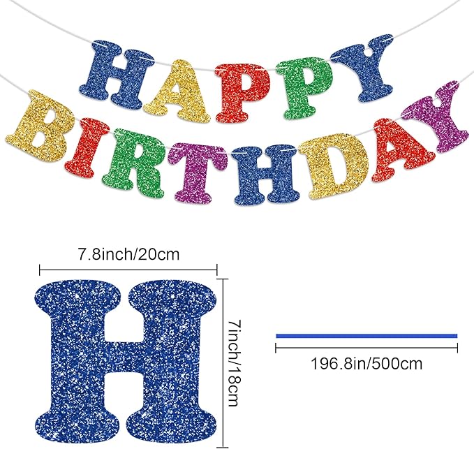 Glitter Colorful Happy Birthday Banner Birthday Party Decorations Sign Garland Bunting Banner for Wall Decor Party Background for Kids Boys Girls Adults