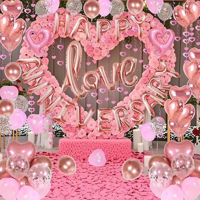 Happy Anniversary Decorations with Rose Gold Happy Anniversary Banner, Heart Balloons, Love Balloon, Silk Rose Petals and Heart Hanging Decor for Valentines Day, Wedding, Bridal Shower Decorations