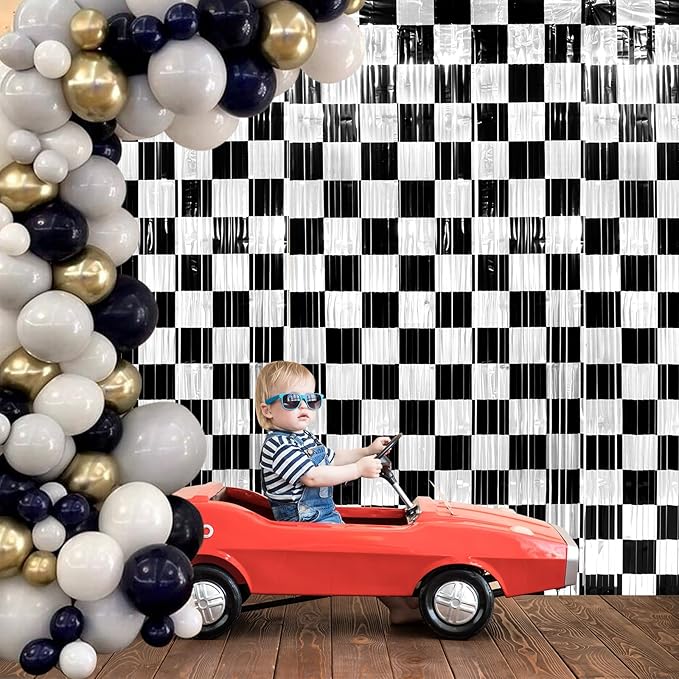 6 Pack 3.3Ft x 6.6Ft Race Car Checkered Foil Fringe Curtain Backdrop Decorations, Black White Metallic Tinsel Foil Streamers Curtain Photo Booth for Race Car One Happy Dude Birthday Party Decorations