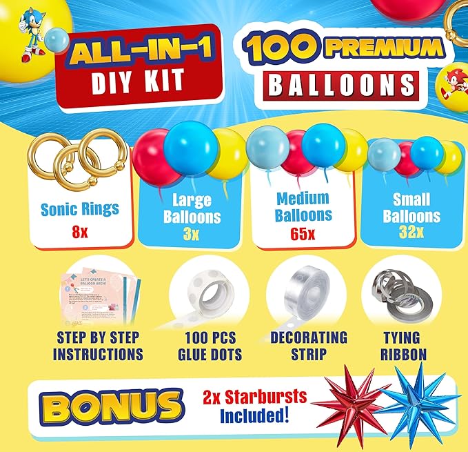 ALL-IN-1 Hedgehog Balloon Arch Kit with BONUS Rings & Starburst Balloons - Red Blue Yellow Balloons Garland for Cartoon Hedgehog Birthday Party Decorations & Party Supplies - Somic Party Decorations S
