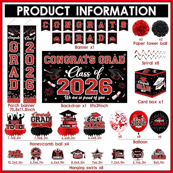 Graduation Decorations Class of 2026,Red Graduation Party Supplies- Congrats Grad Decorations Banner ＆ Hanging Swirls,Graduation Card Box,Paper Pompoms,Balloons,Porch Sign for College Grad Party