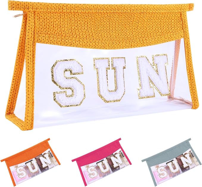 Sunscreen Bag Clear Makeup Bag Chenille Letter Sun Cosmetic Pouch Summer Beach Essential Cute Toiletry Pouch Travel Accessories Gifts for Women