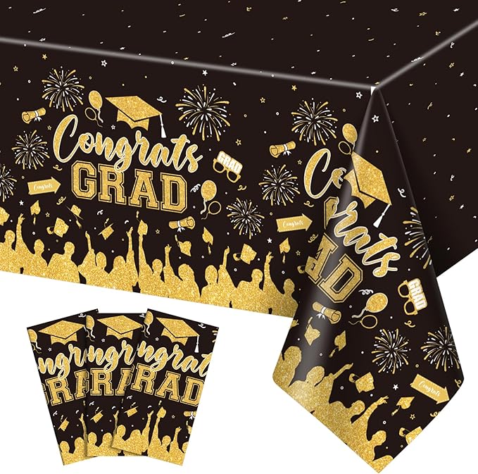 3 Pack Plastic Graduation Tablecloth, Graduation Decorations Class of 2026 Disposable Rectangle Black and Gold Table Cover, 2026 Gongrats Grad Table Cloths for Graduation Party Decorations, 54x108