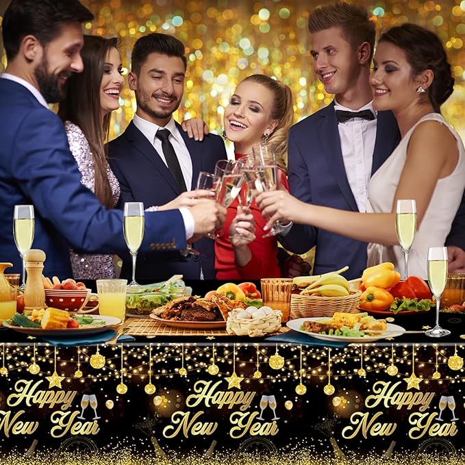 3 Pack New Years Tablecloths - Happy New Year Plastic Tablecloth Set, Black and Gold Disposable New Year's Table Cloth Cover Rectangle for 2026 New Years Eve Party Supplies Decorations, 108x54 Inch
