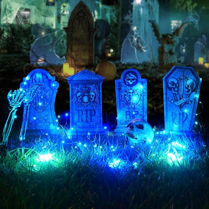 Maxee 4 Pcs 16.2" Halloween Tombstones Decoration with 1 Green Remote Lights(8 Light Modes), 2 Blue Lights(3 Modes), Plastic RIP Grave Yard Signs with 8 Stakes for Grave, Outdoor Garden, Party Decor