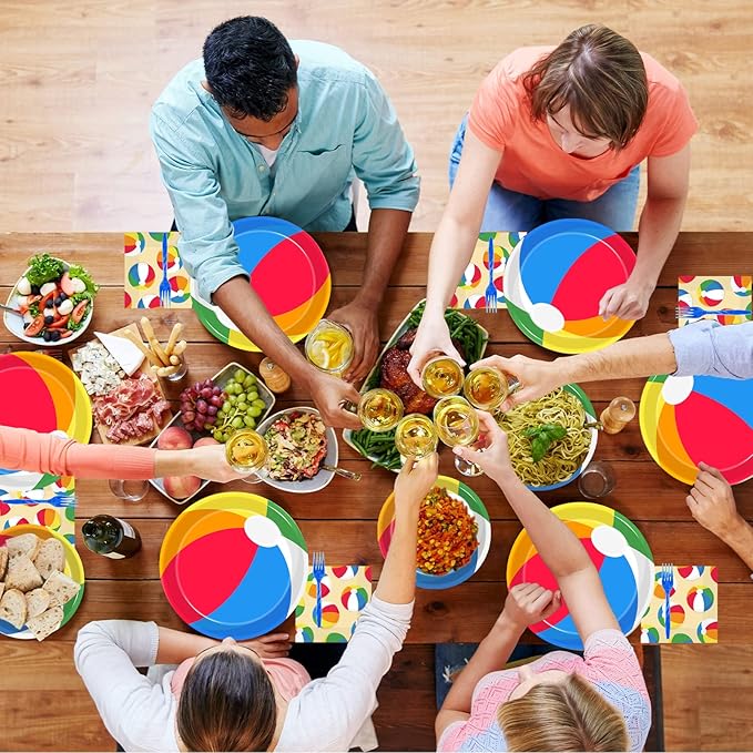 96 Pcs Summer Pool Beach Party Paper Plates Napkins, Beach Pool Ball Party Decorations Supplies Disposable Dinnerware Tableware for Kids, Serves 24