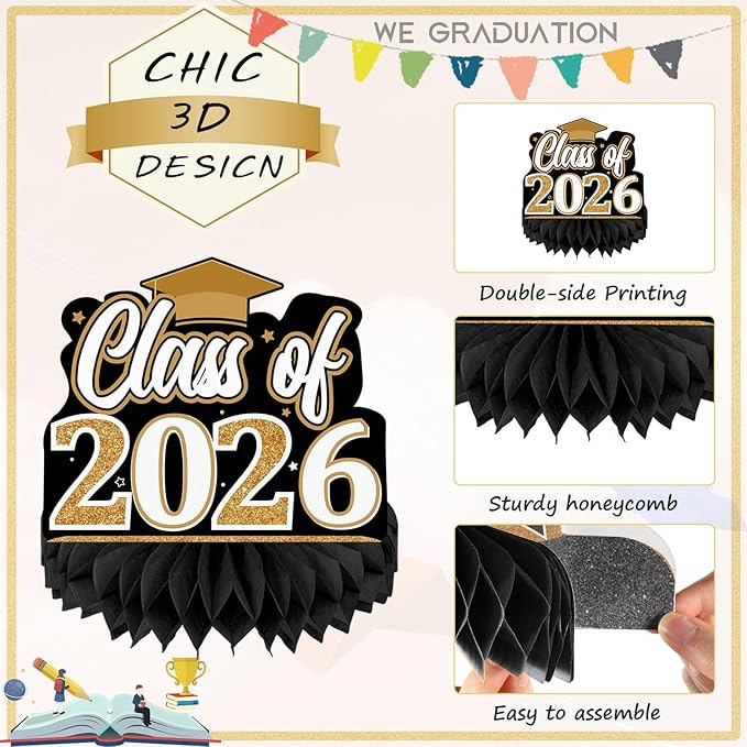 Yisong 9 Pieces 2026 Graduation Party Table Decorations Class of 2026 Congrats Graduation Centerpieces for Tables Congratulate Honeycomb Centerpiece Topper for Grad Party Supplies(Black Gold)