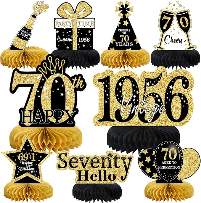 9Pcs 70th Birthday Decorations Honeycomb Centerpieces for Men Women, Black Gold Happy 70th Birthday Centerpieces Tables Toppers Party Decorations Supplies,Vintage 1955 Aged Birthday Table Sign Decor