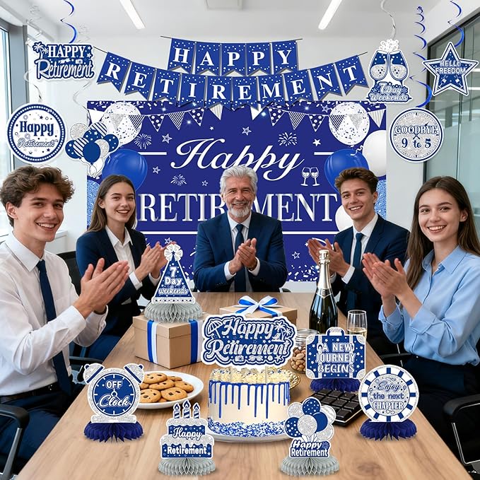 Retirement Party Decorations for Men Women Blue Silver Happy Retirement Banner Backdrop Honeycomb Centerpiece Cake Topper Hanging Swirl Set