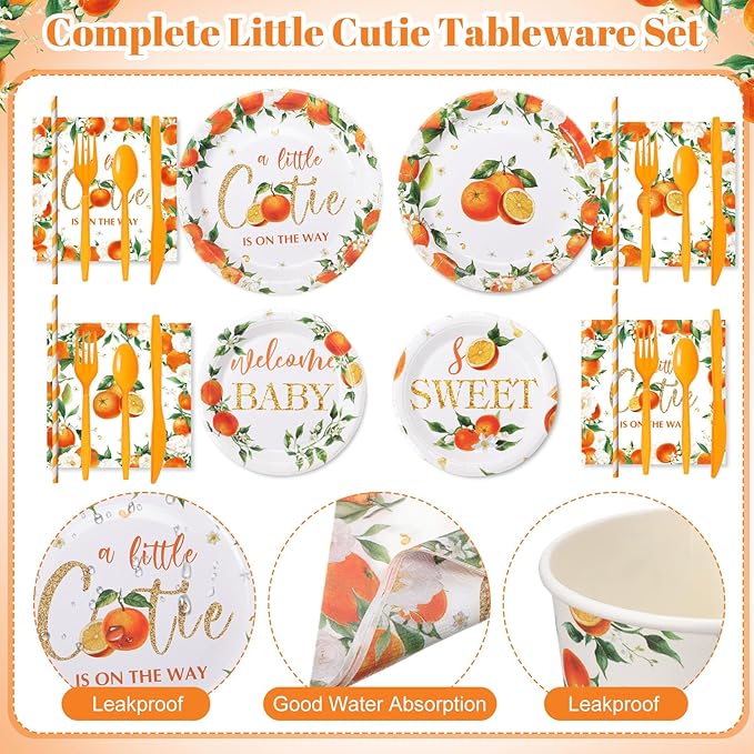 450 Pcs Little Cutie Baby Shower Tableware Set Decorations A Little Cutie is on the Way Paper Plates Disposable Napkins Cups Cutlery Straws for Orange Fruit Birthday Party Supplies, Serves 50
