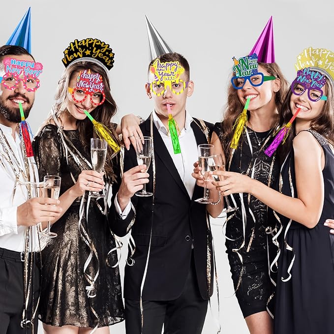 Openfly 36Pcs New Years Eve Party Supplies 2026 Happy New Year Hats Headband Tiara Noise Makers Paper Glasses Party Favors