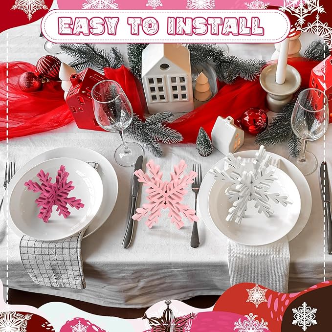 Bucherry 12 Pcs Wooden Snowflake Table Decor 3D Snowflake Tabletop Signs and Centerpiece for Christmas Xmas Winter Wonderland Decorations Home Party(White, Pink, Rose Red)