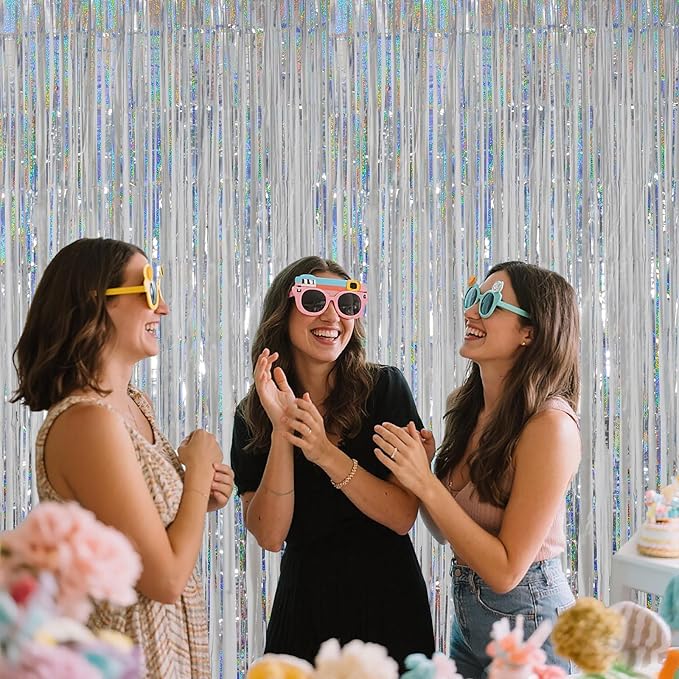 Silver Foil Fringe Curtains for Party Decorations, Birthday Photo Backdrop, 3.28 x 6.56ft Metallic Streamer Tinsel Curtain with Glitter for Birthday Wedding Wall Hanging Supplies