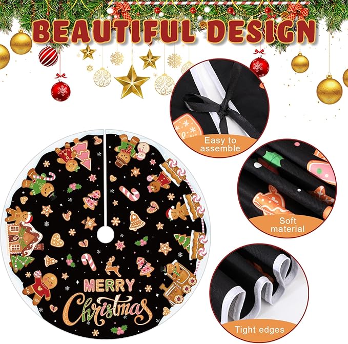 Capoda Black Christmas Tree Skirt Gingerbread Man Candy Christmas Tree Skirt 48 Inch Xmas Tree Mat Gingerbread Christmas Tree Skirts Mat for Holiday Christmas Party Decorations Indoor Outdoor