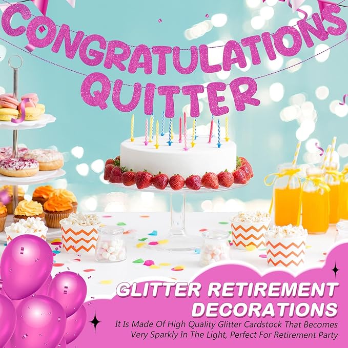 Fulmoon Pre Strung Congratulations Quitter Glitter Banner Funny Retirement Banner Graduation Party Decorations Going Away Supplies Garland for Men Women Gifts, No DIY(Rose Red)