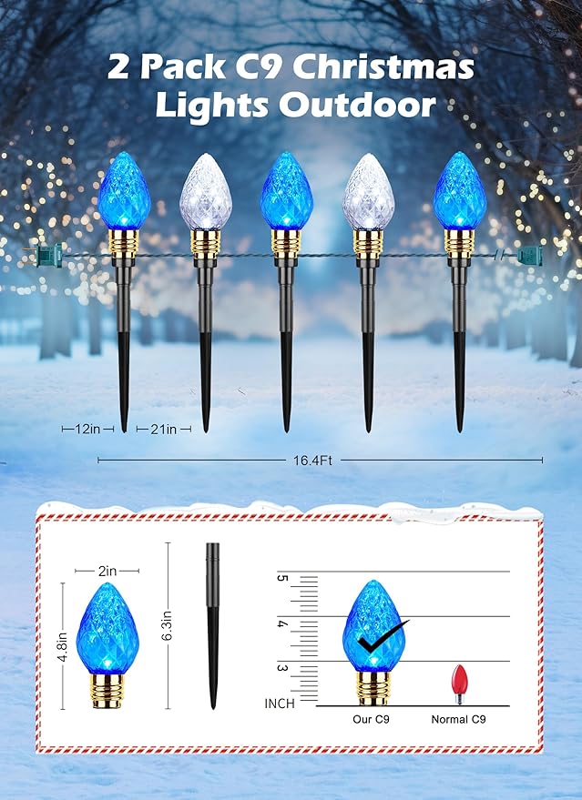 Brightown 2 Pack Strawberry C9 Christmas Pathway Lights Outdoor - Total 34.8 Feet 20 LED Christmas Walkway Lights, Christma Light Outdoor Decorations for Yard Lawn Holiday Outside, Blue & Pure White