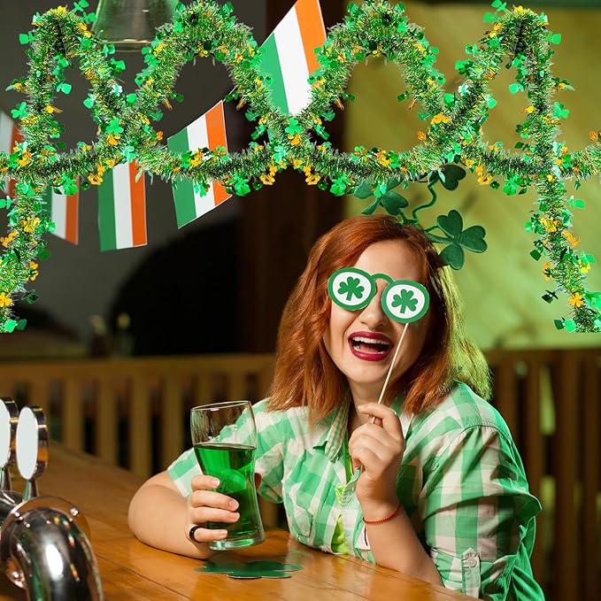 33 FT St Patricks Day Tinsel Garland Decor Gold Green Shamrock Hat Tinsel Garland Metallic Twist Hanging Garland for Home Indoor Outdoor Irish Party Supplies